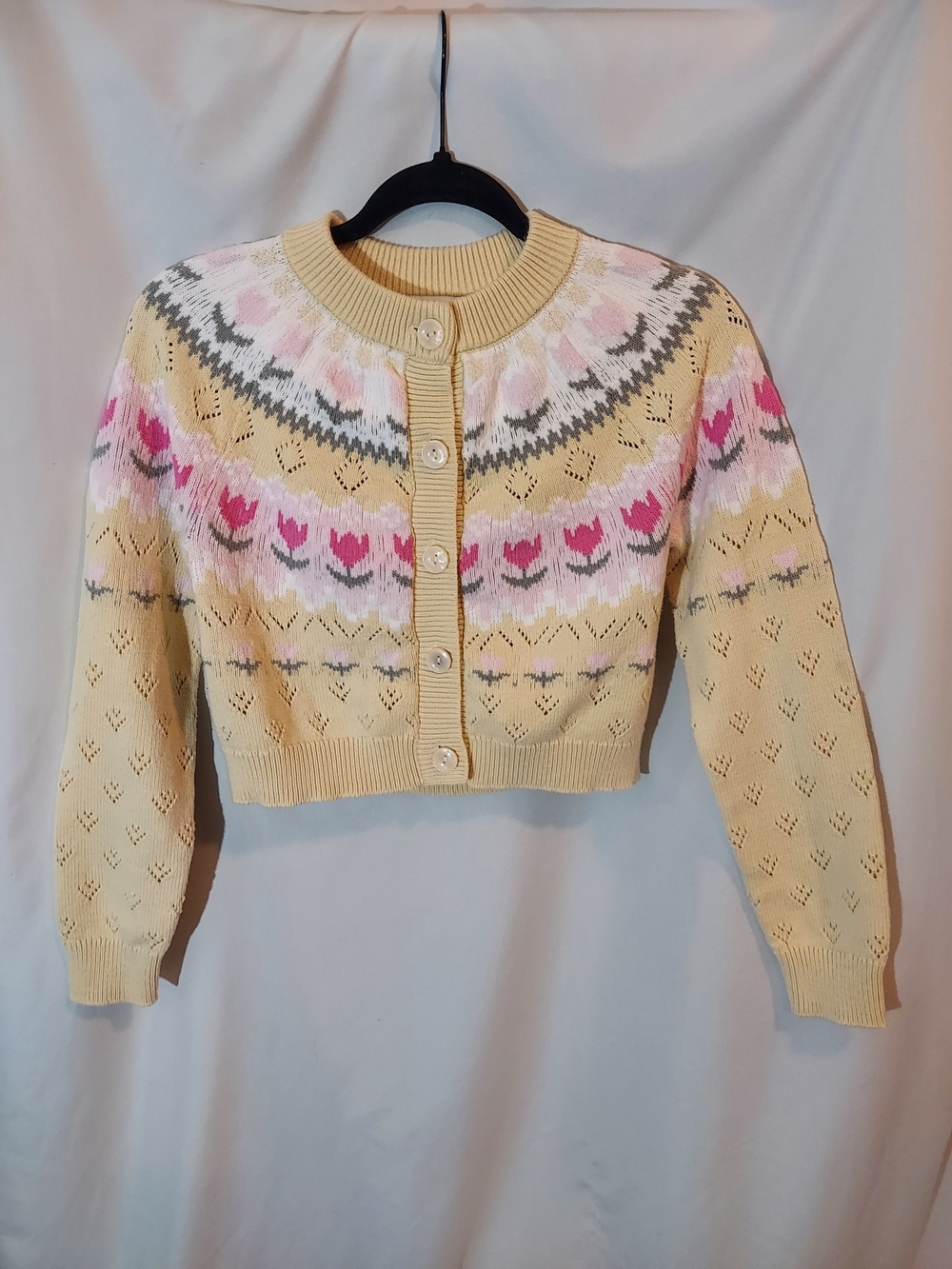 Freshman 1996 Yellow Floral Fair Isle Cropped Cardigan Sweater Pastel Cute